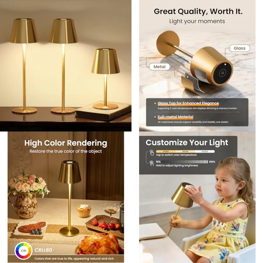 

Cordless Table Lamp, Portable Battery Operated Lamp with 3 Color Temps and Stepless Dimming, Rechargeable Table Lamp for Dinner