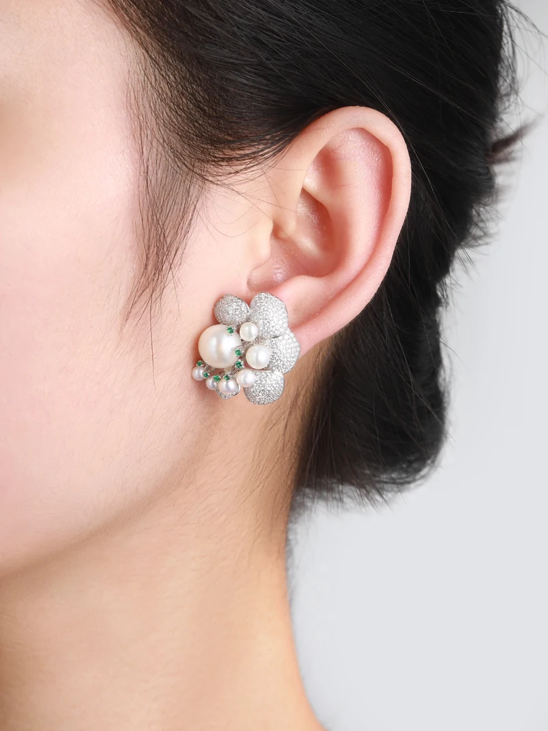 LAYA Vintage 925 Sterling Silver Fashion High Quality Zircon Green Nano Natural Pearl Earrings Elegant Bridal Wedding for Women