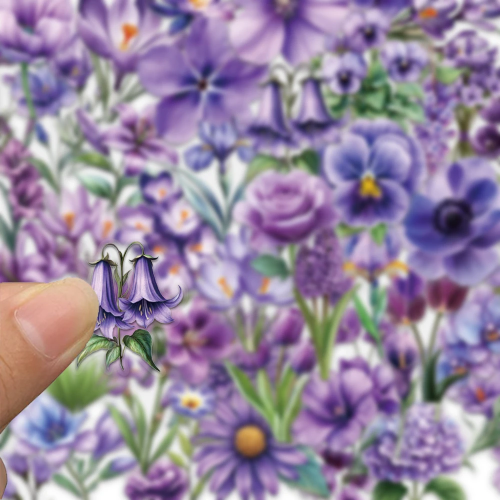 50pcs purple floral stickers, suitable for decorating luggage, refrigerators, mobile phones, waterproof PET stickers