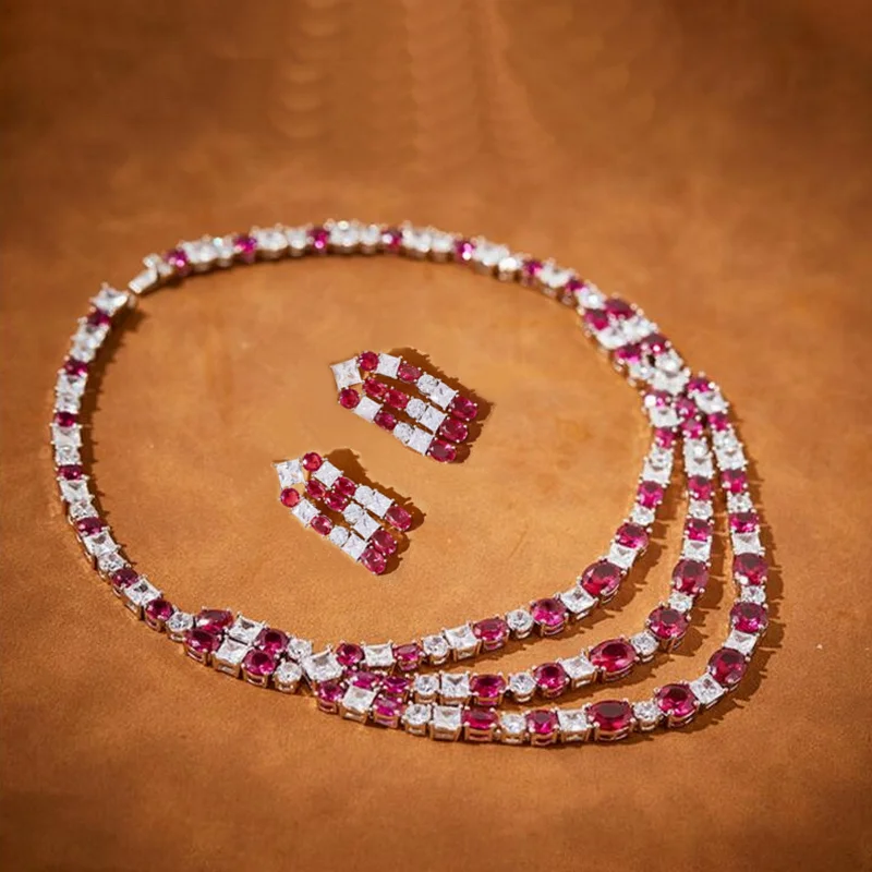 

Designer Vintage Style Earrings Necklace Women Lady Inlay Red Cubic Zircon Three Layers Chain Dinner Party Jewelry Sets