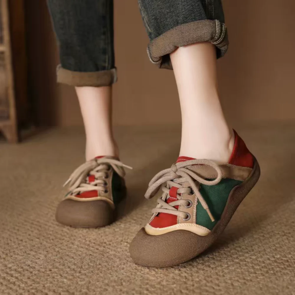 Zapatillas Deportivas para Mujer con Bloques de Color, Dos Usos, Cuero con Parches, Punta Redonda Ancha, Planas Casuales