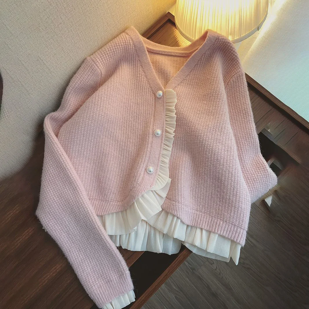 

Women's Sweaters 2023 Autumn Sweet Gentle Pearl Button Ruffled Patchwork Pink Cropped Cardigan V Long Sleeve Mesh Knitted Coat