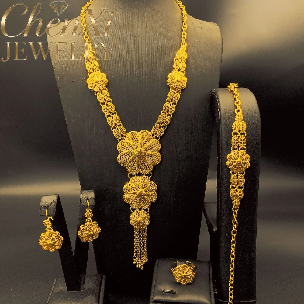 

High-End Luxury Alluvial Gold Elegant Fashion Popular Jewelry Set Women Wedding Party Banquet Necklace Earrings Ring 4pcs Gift