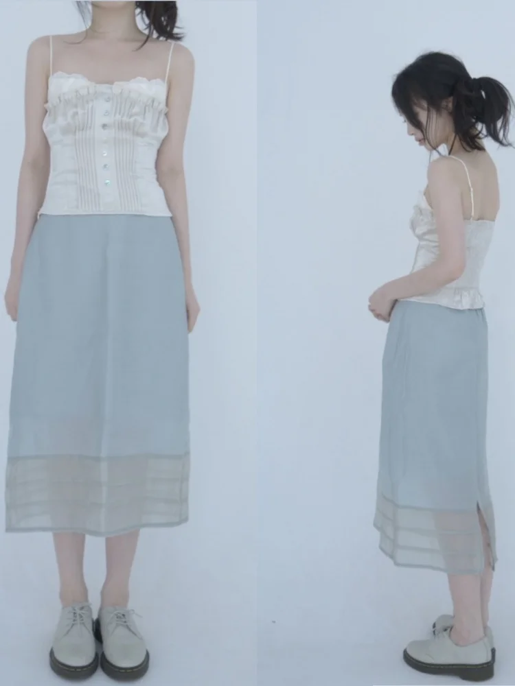 

Elegant Minimalist Gentle Design Pressed Pleat Layered Semi-Transparent Back Split Half-length Skirt Women's Fashion Spring S...