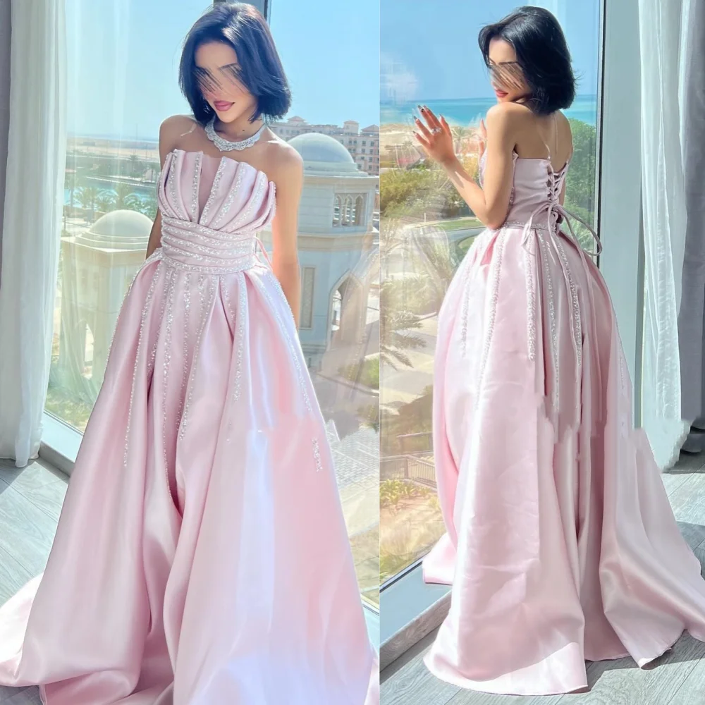 

Satin Pleat Sequined Celebrity A-line Strapless Bespoke Occasion Gown Long Dresses