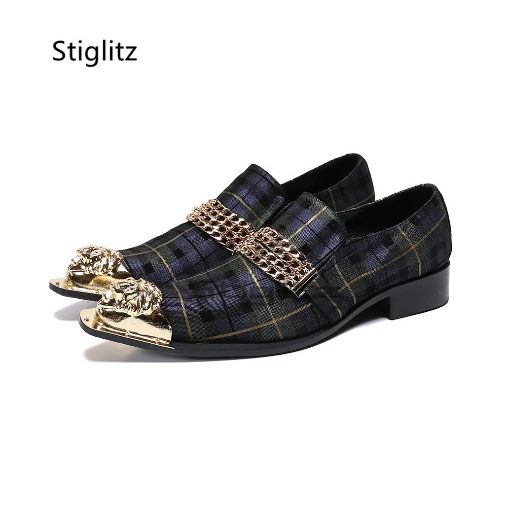 Men Plaid Slip On Loafers with Chain Decor Metal Pointed Toe Genuine Leather Low Heel Dress Shoes Fashion Party Footwear