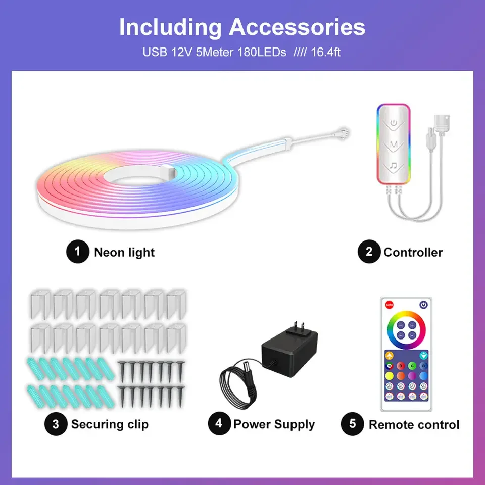 12V RGBIC LED Neon LED Strip Rope Light with Music Sync Tuya Smart APP 16 Million DIY Colors Works with Alexa, Google Assistant