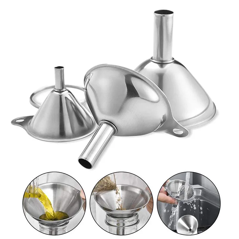 

Stainless Steel Funnel Set 3 Pieces - Small Mini Funnel for Oil Wine Bottles Kitchen Bar Use with Hanging Ring Strainer