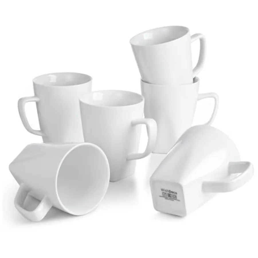 

Set of 6 White Ceramic Coffee Mugs 14 oz Modern Tea Cups with Square Bottom for Latte Cappuccino Milk Juice Cocoa Microwave and