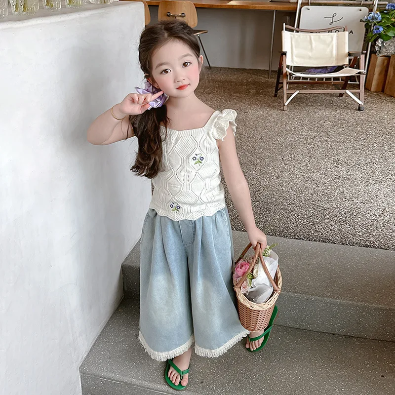 

Girls Suit 2024 Summer New Korean Style Solid Color Knit Tank Top Jeans Ruffle Tassels Two Piece Set Summer Children Suits