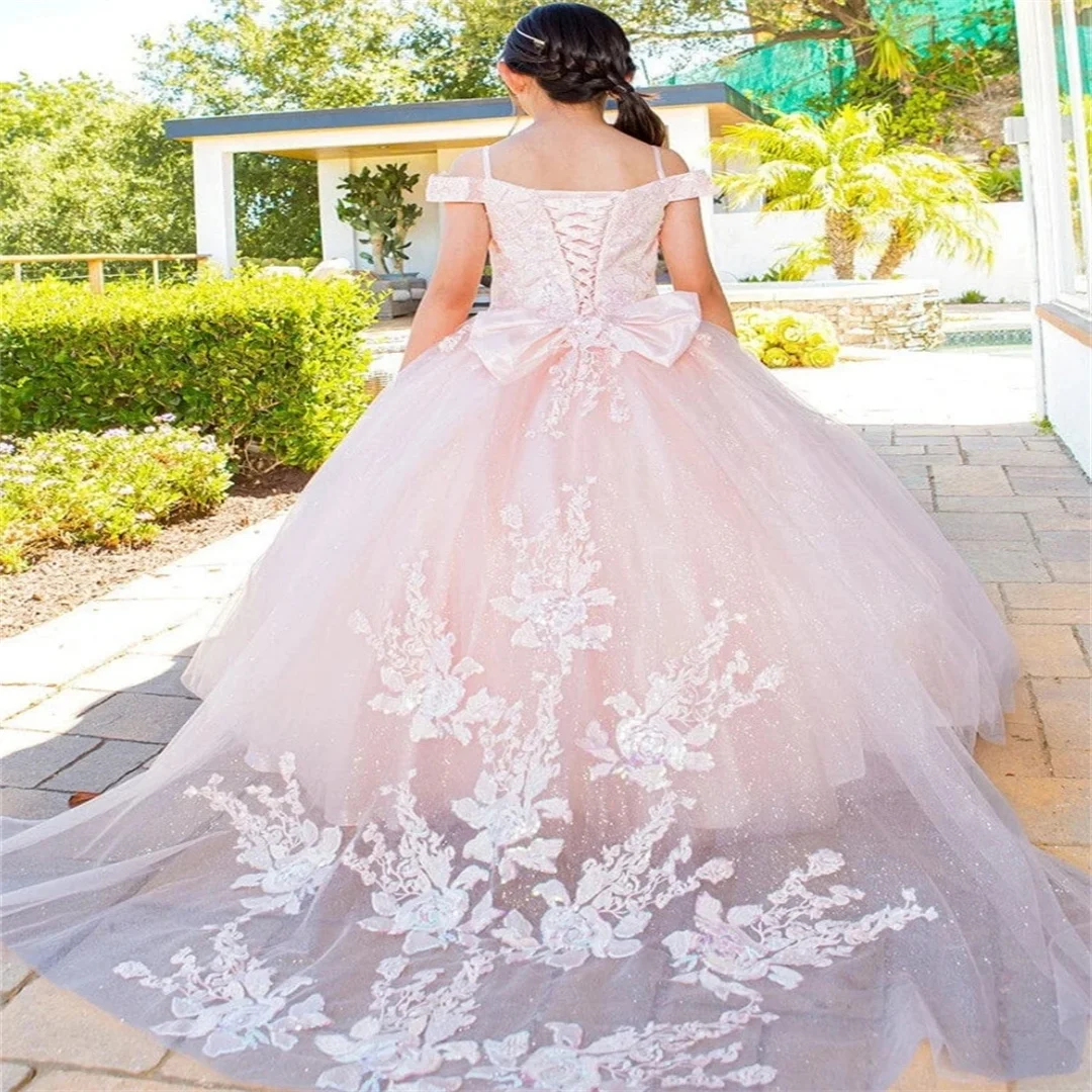 Customized Sky Blue Flower Girl Dress Tulle Floral Appliques Sleeve For Wedding Birthday Evening Prom Banquet Princess Gown