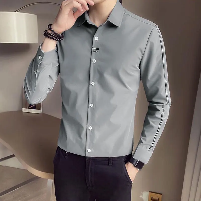 Elegant Fashion Harajuku All Match Slim Fit Shirt a Peaked Collar Button Long Sleeve Outerwear Loose Casual Sport Ropa Hombre