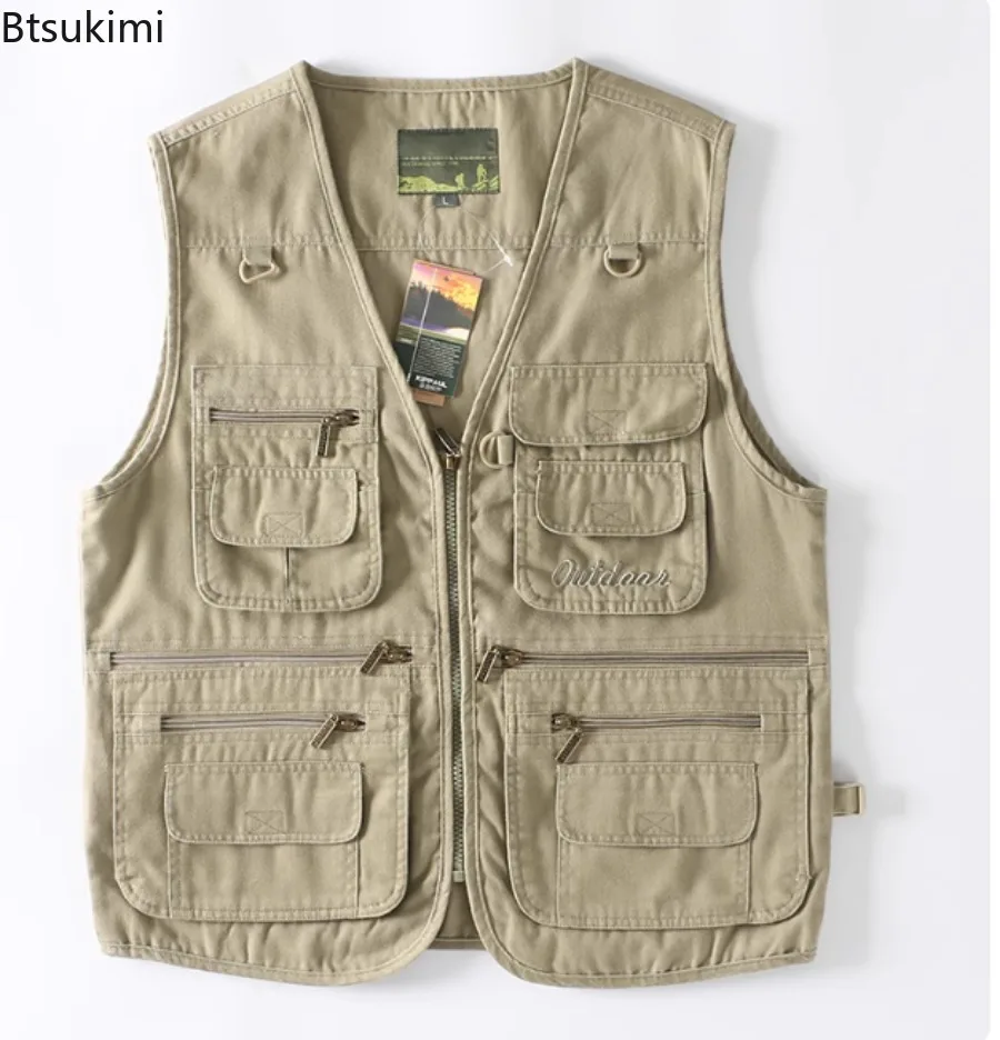 Men's Cotton Vest Multi-Pocket Cargo Vest Breathable Waistcoat Outdoor Climbing Mountaineering Kiking Vest Fishing Casual Vests