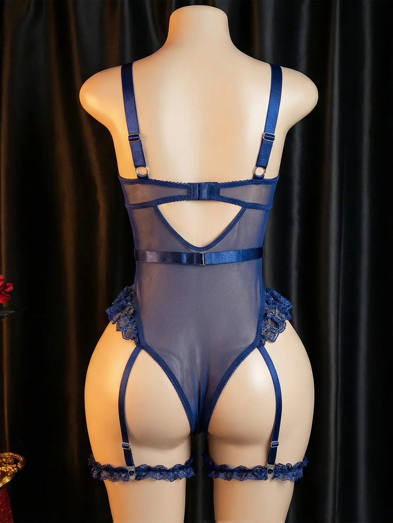 Women Deep Blue Floral Lace Underwire Teddy Lingerie, See Through Mesh Cutout Bodysuit With Garter Belts