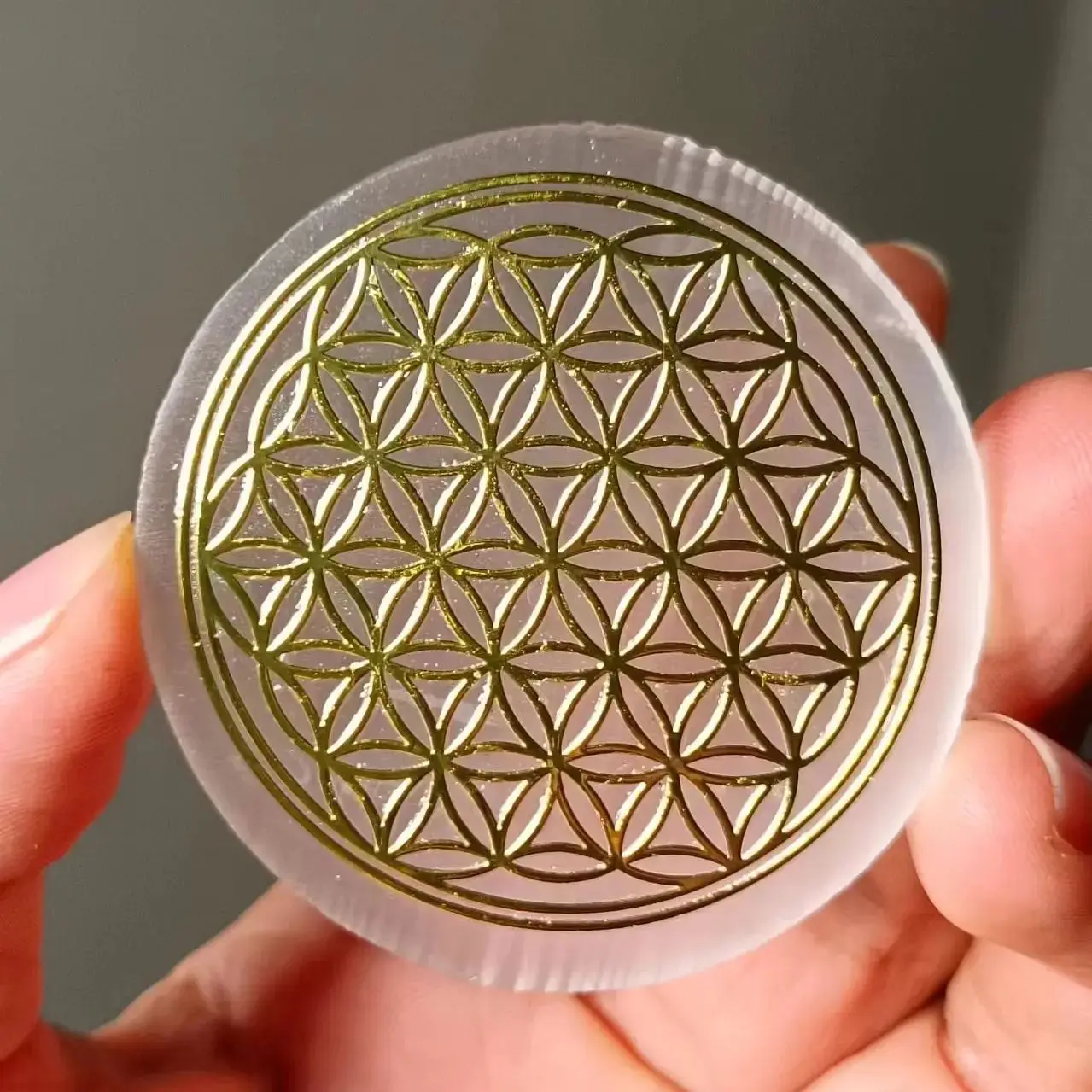 Natural Moroccan Transparent Plaster Disc Flower Of Life, Quartz Crystal Mineral Healing Stone, Sacred Gathering Energy Disc