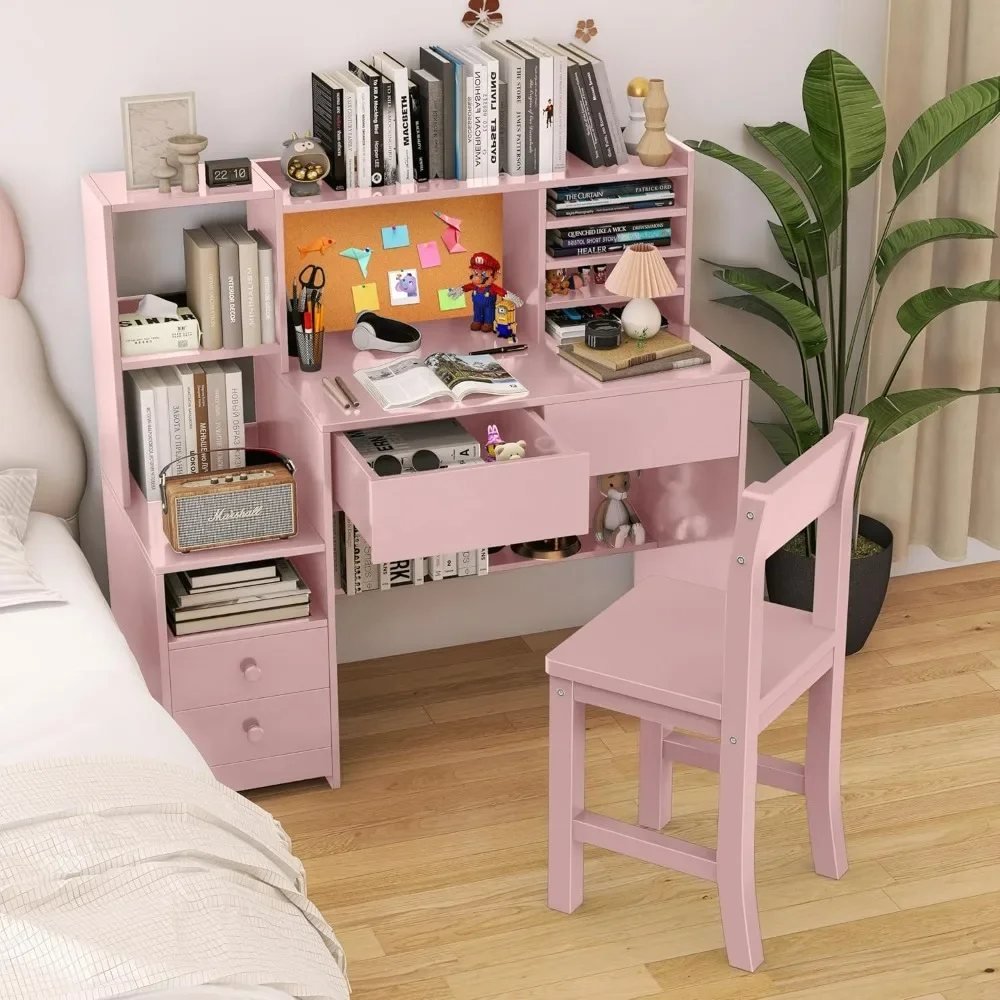 Pink Kids Desk and Chair Set for 5–12-Year-Old, Children's Computer Desk with Storage Shelf, Kids Study Table with 4 Drawers