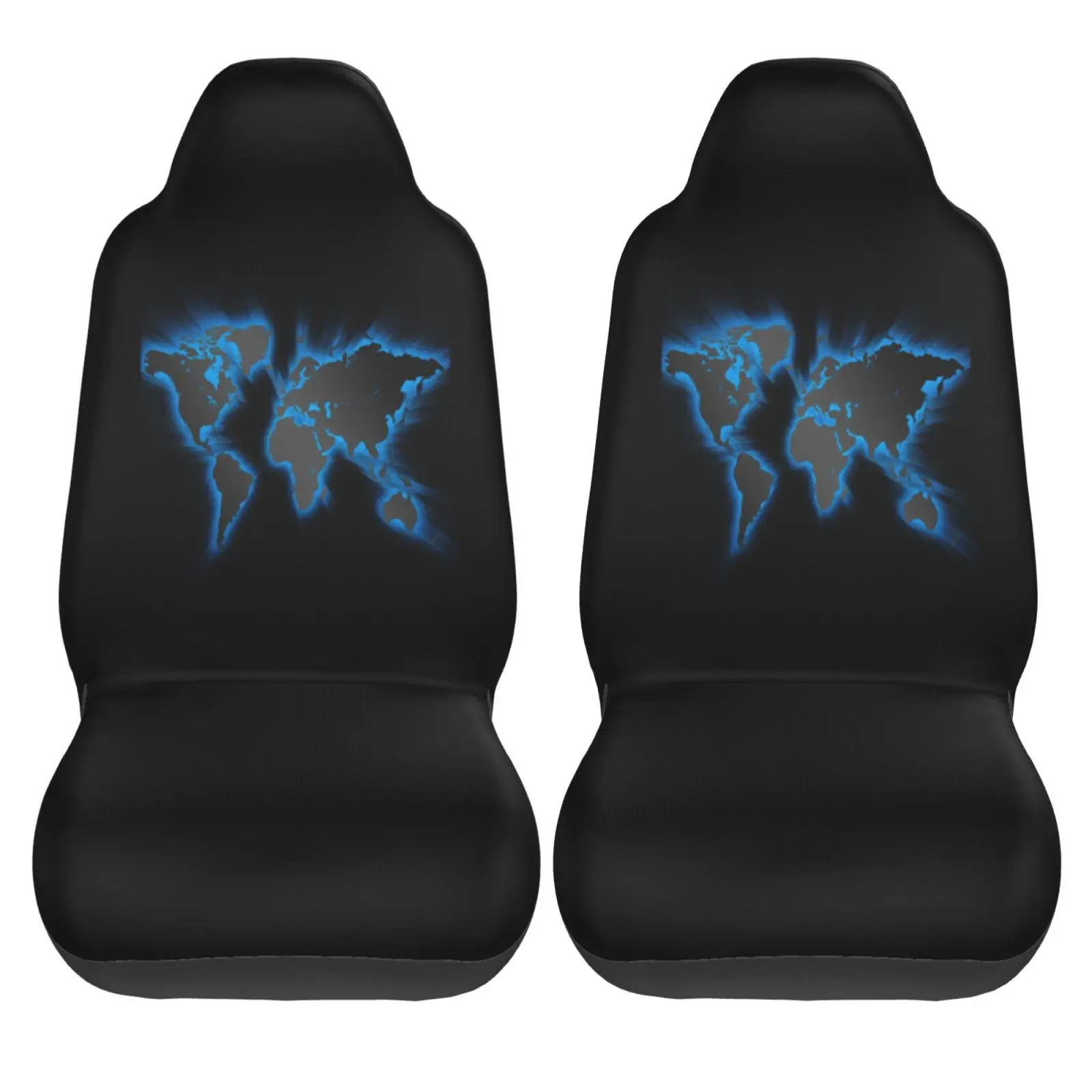 Emitting Blue Light World Map Pattern Print Car Seat Cover 2pcs Printing Universal Front Protector Accessories Cushion Set