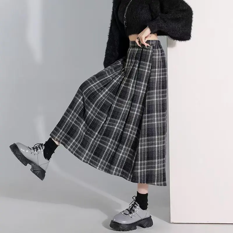 Women's Autumn Winter Vintage Plaid High Waist Half Skirts Korean Lady Graceful Basic Joker Pleated Woolen Midi Skirt