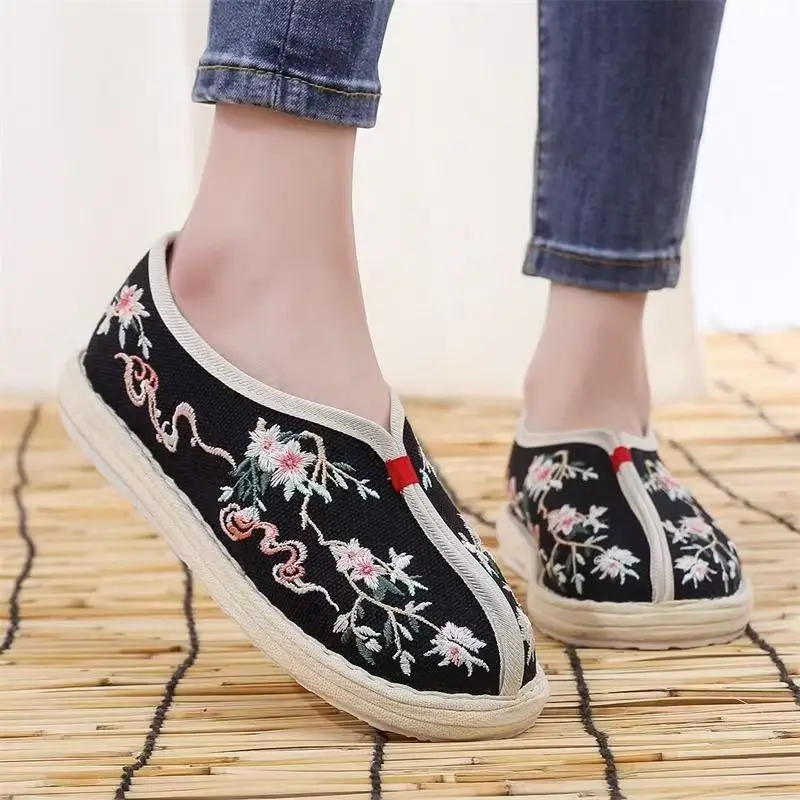 

Женские парусиновые туфли на плоской подошве с вышивкой в этническом стиле, с круглым носком, неглубокие слипоны, весенне-осенняя обувь Hanfu, обувь для специального дизайна чая