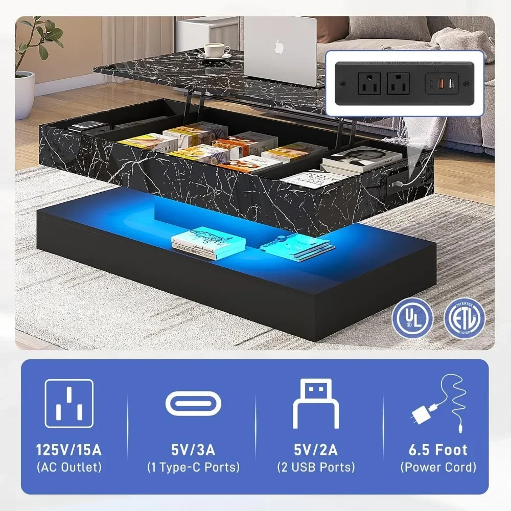 Stolik kawowy z wysokim blatem, funkcją ładowania, oświetleniem LED, nowoczesny, wysoki połysk, biały, z ukrytym schowkiem, wysokość blatu 47,2 cala.