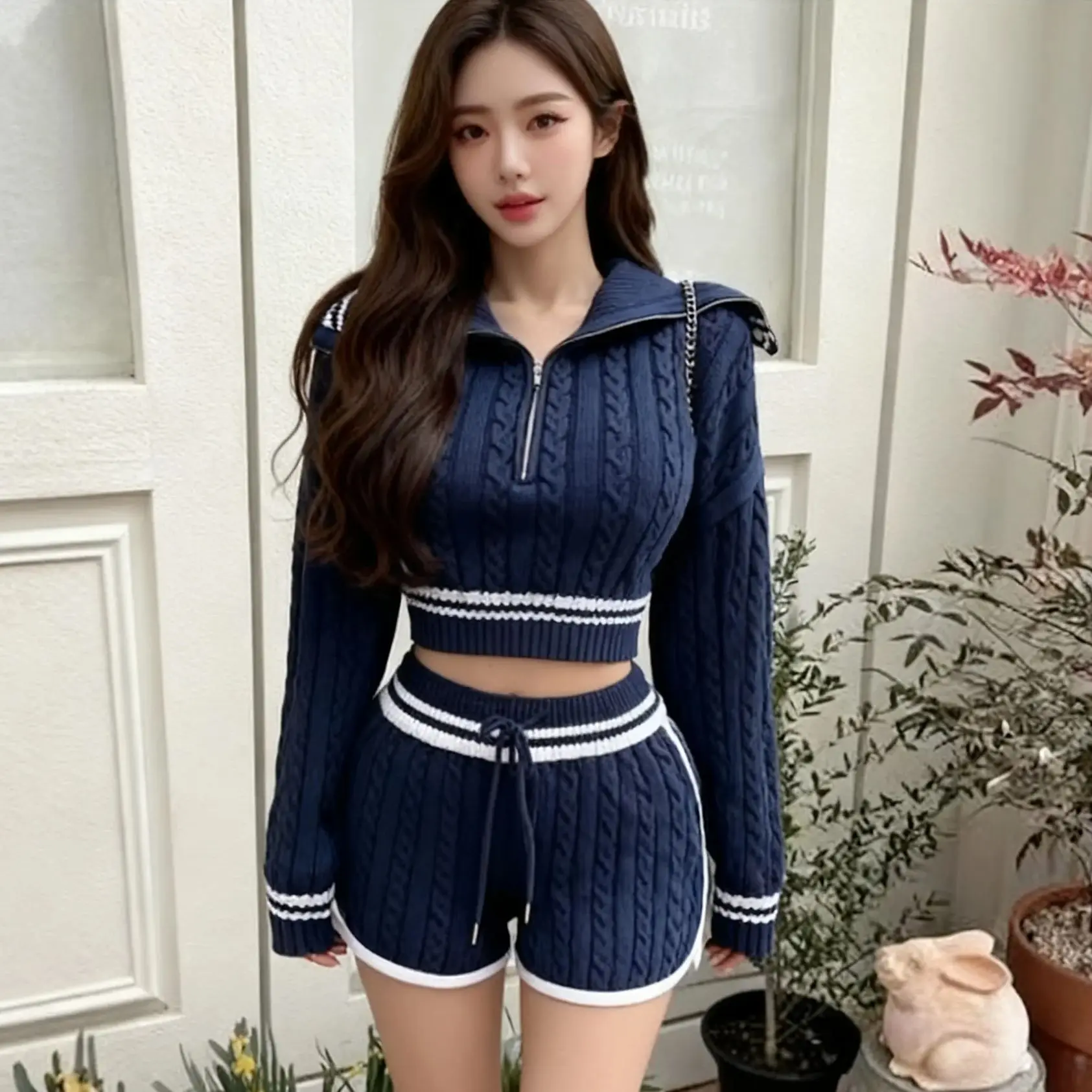 Casual Simple Sweet Women's Knitted Two-piece Set Fashion Korean Turn-down Collar Short Sweater High Waisted Straight Leg Shorts