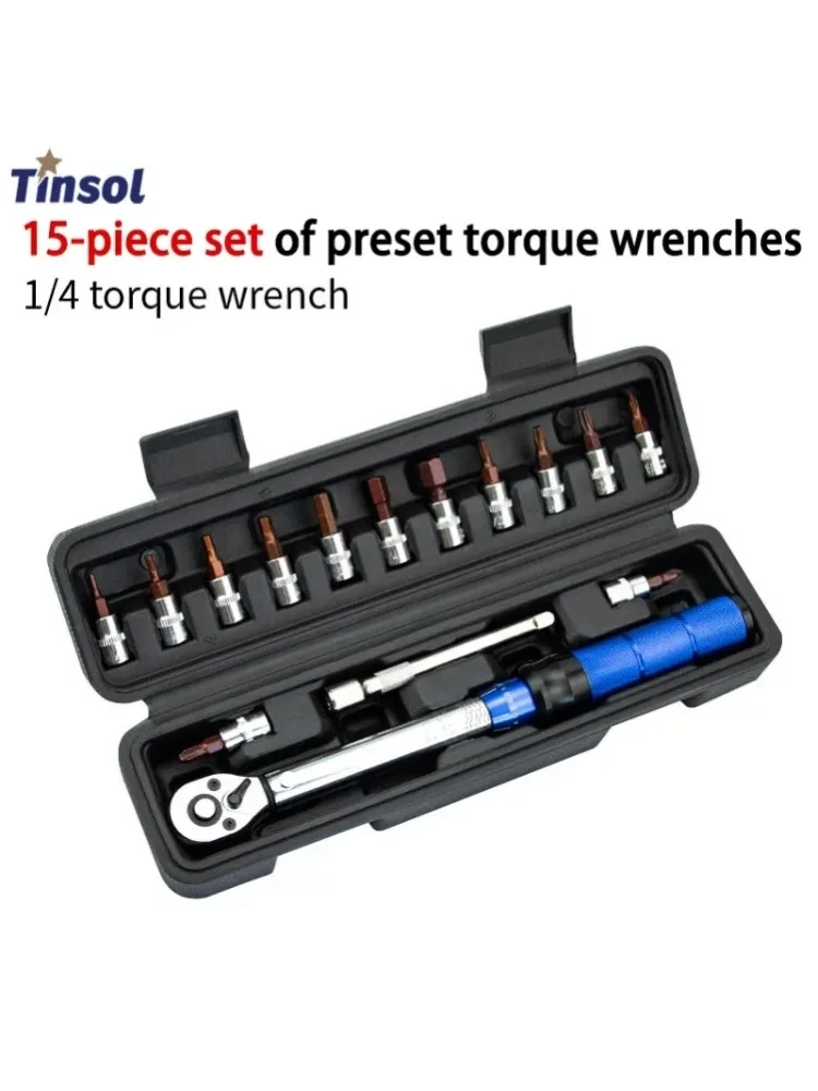 Neues 15-teiliges Fahrrad-Drehmomentschlüssel-Set 1/4" 2-24Nm Bidirektionaler Fahrrad-Inbusschlüssel Werkzeug-Steckschlüssel Voreinstellbarer Schraubenschlüssel Profi-Reparaturset