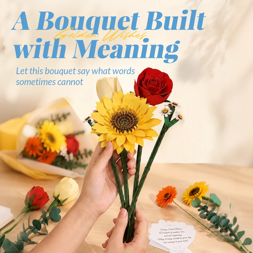 Original CUTEBEE 3D Wooden Puzzle Golden Wishes Forever puzzle Flowers for Delivery Green Sunflowers Bouquet Gift for Women Mom