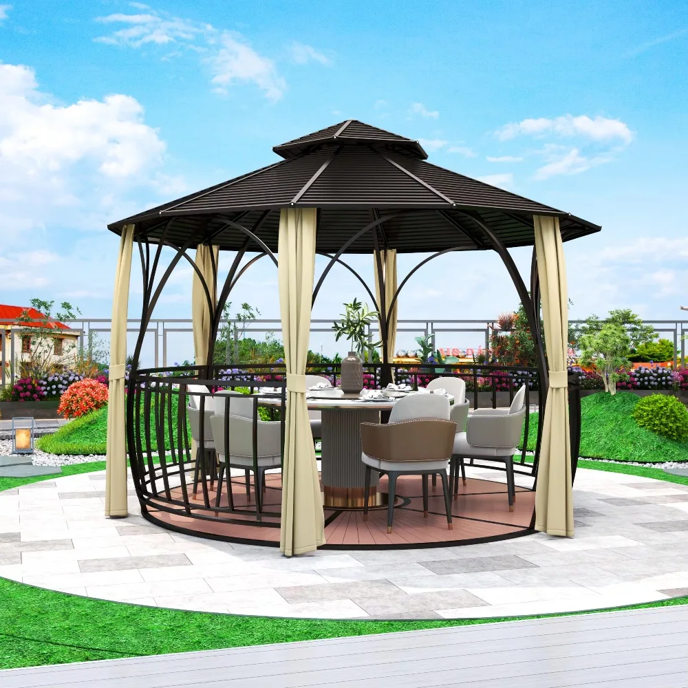 Round Metal Gazebo For Patio Party, Galvanized Steel Gazebo With Curtains, Cast Iron Waterproof Outdoor Pavilion