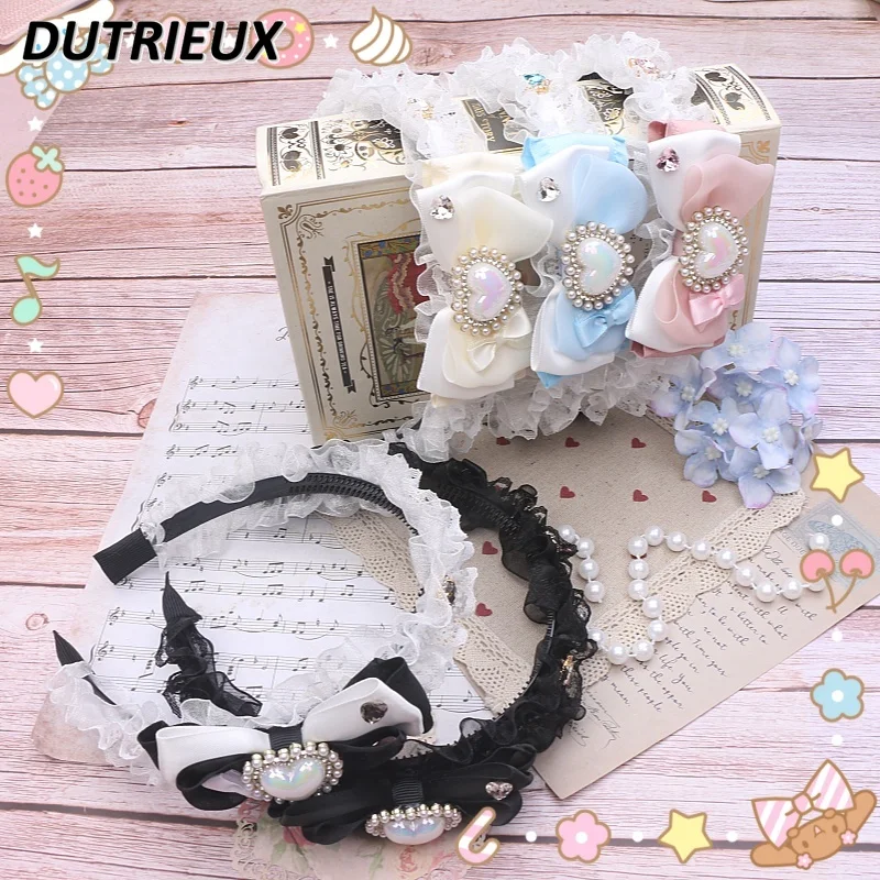 Japanese Style Original Handmade Sweet Cute Girls Hair Accessories Headwear Bow Rhinestone Lace Edge Headband for Women