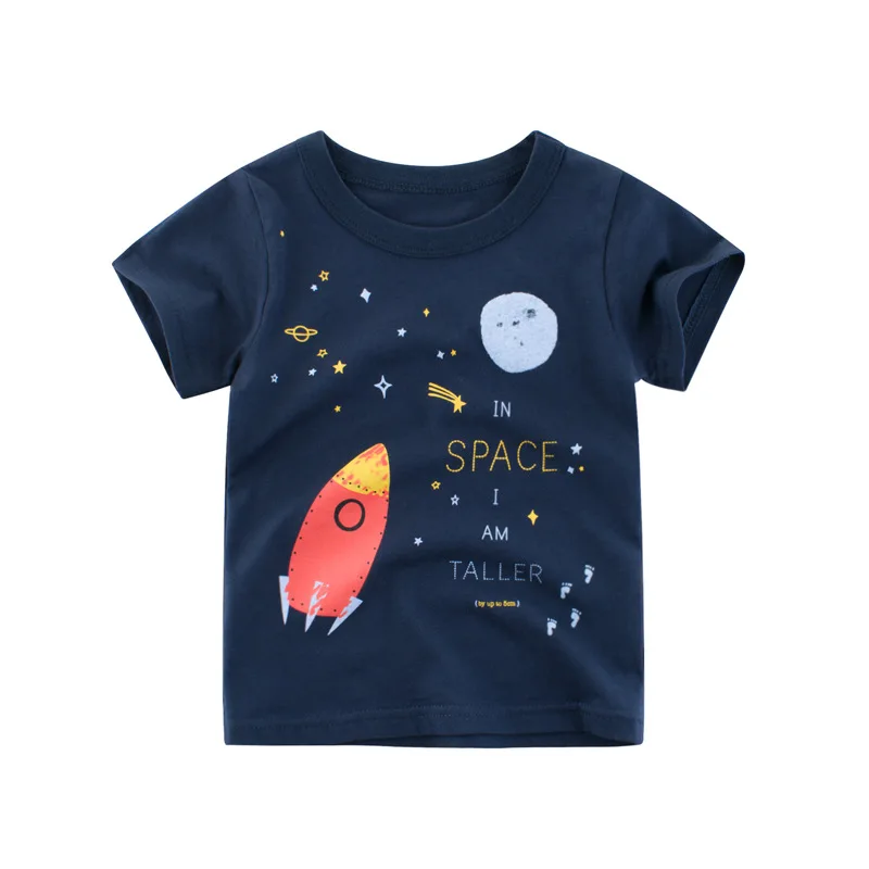 Camiseta de algodão de manga curta com gola O infantil, estampa espacial, camiseta foguete, tops meninos, roupas infantis, nova marca, verão 2022, 2-10 anos