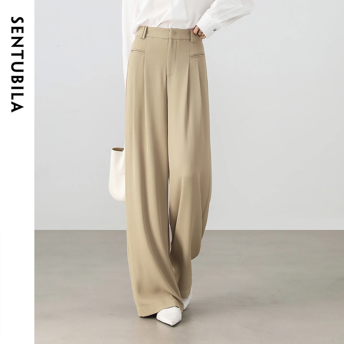 SENTUBILA 오피스 레이디 팬츠 여성용 솔리드 캐주얼 루즈 엘라스틱 하이웨이스트 베이직 솔리드 폴드 바지 2025 봄 신상 151K57562