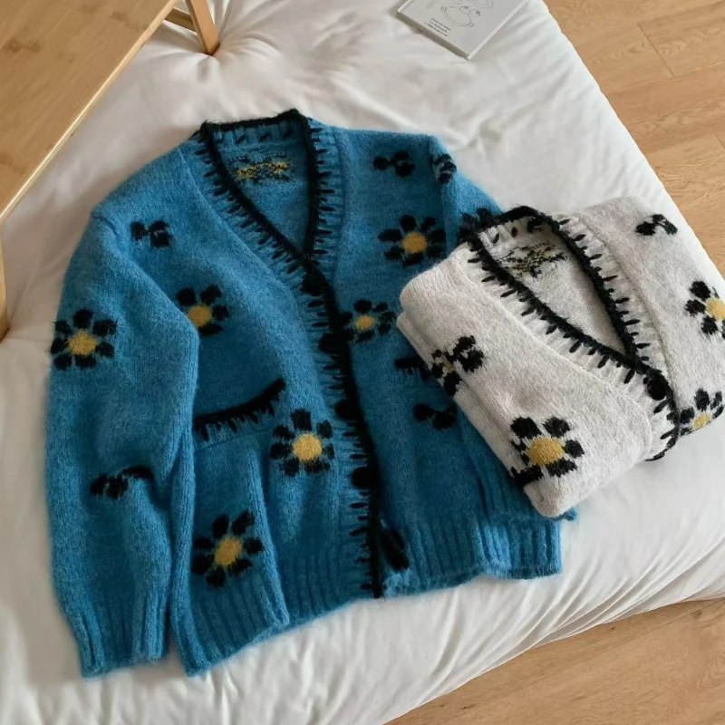 

Жаккардовый свободный вязаный кардиган с цветочным принтом, женский уютный свитер, осенне-зимний кардиган