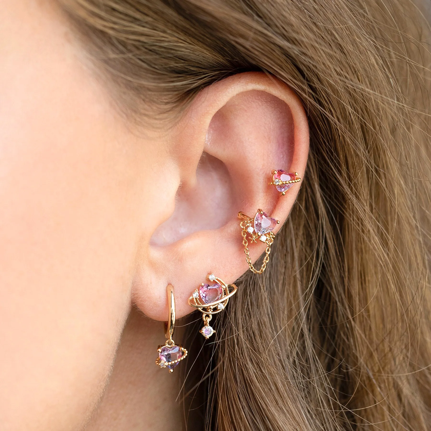 New Ins Asymmetric Moon Heart Earring For Women Cute Gold-plated Pink Zircon Heart Stud Earrings Fashion Aesthetic Jewelry Gift