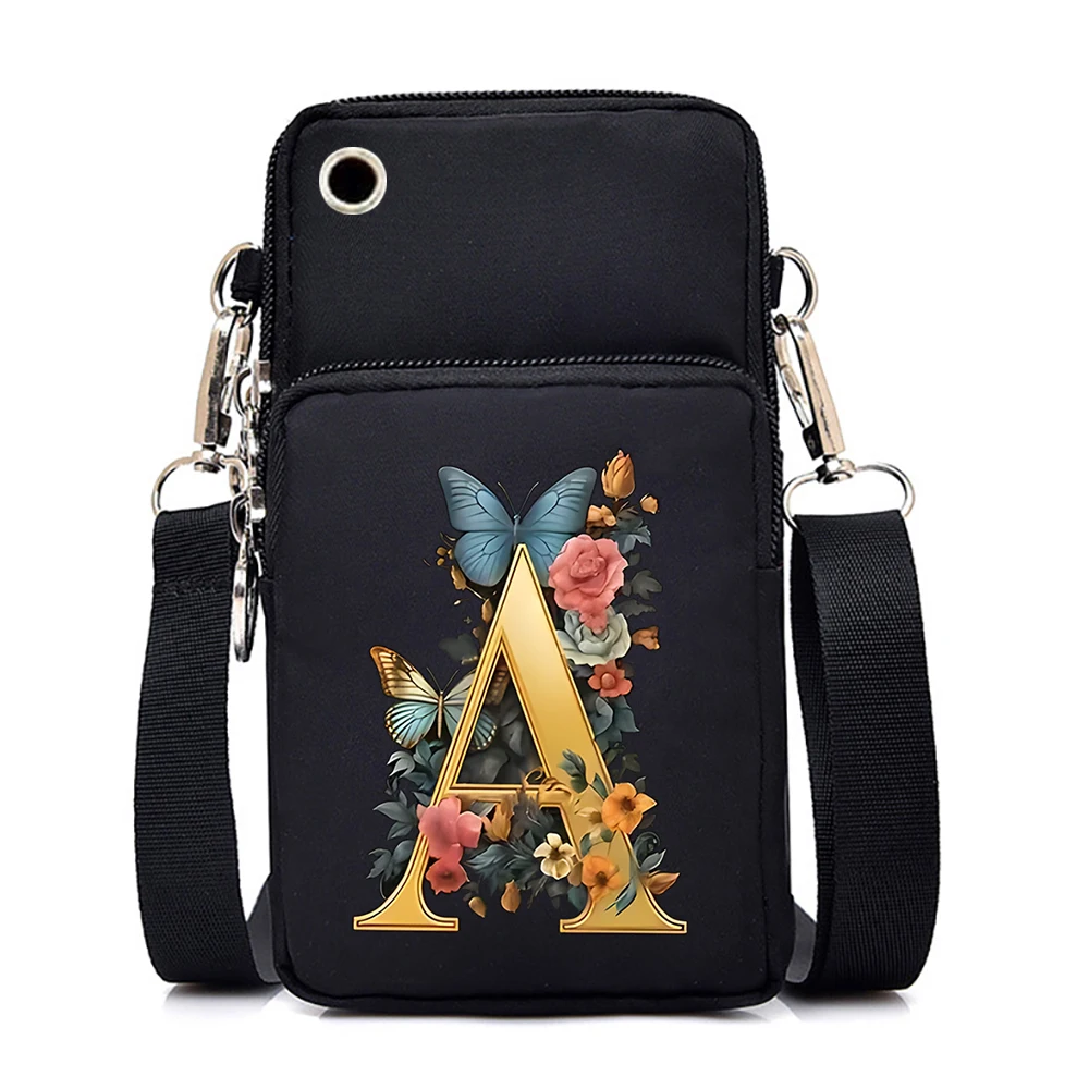 Women Small Crossbody Shoulder Bags Vintage Flower Alphabet Mobile Phone Bag Purse Soft Leather Strap Handbag Mini Messenger Bag