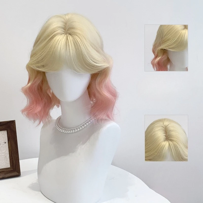 

Парик женский с полным капюшоном, платиновый, постепенная смена, розовые, с короткими волосами, яичный рулон, повседневная милая форма