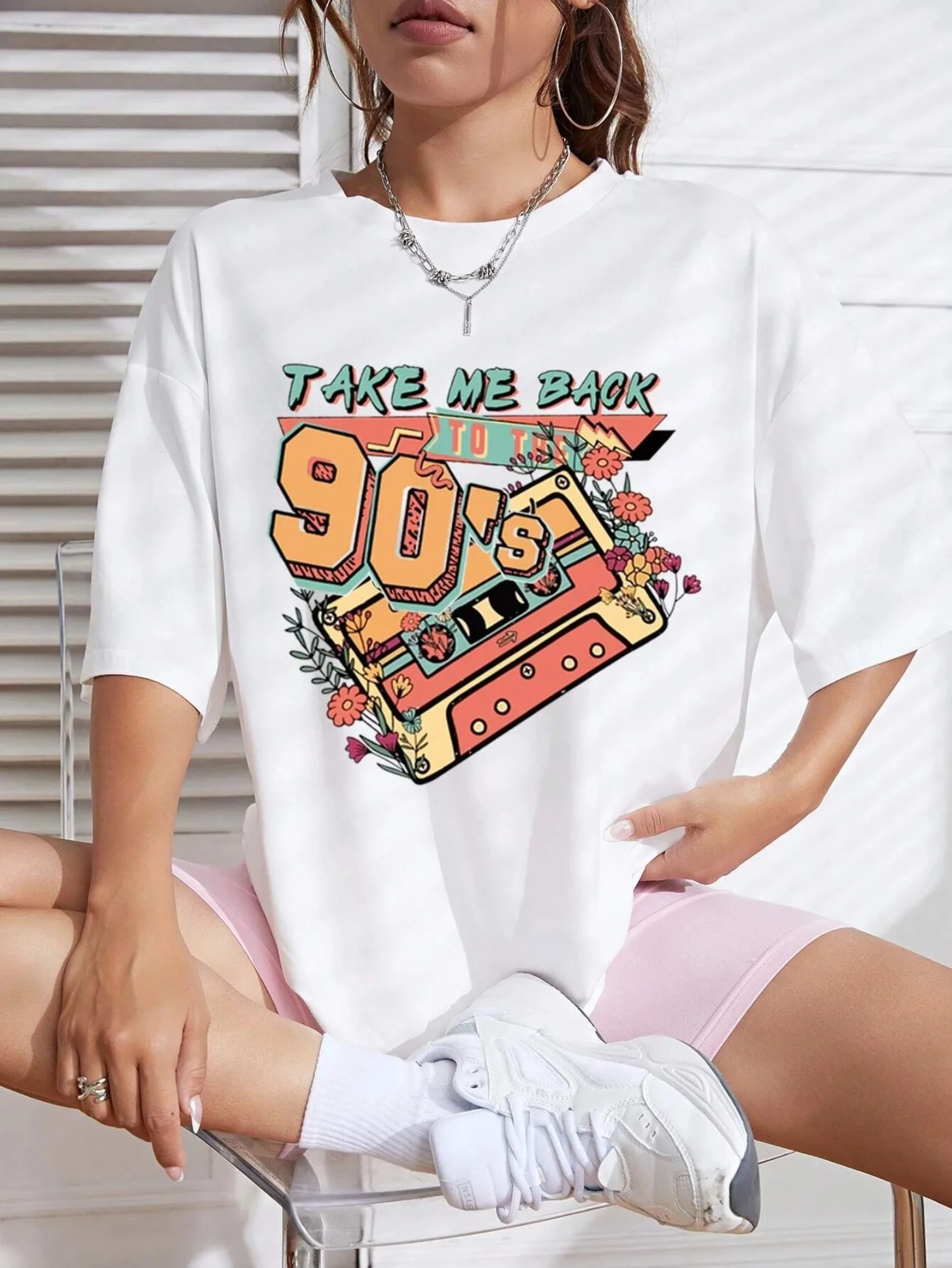 Kaos Wanita Motif Tahun 90-an, Dapat Dicuci dengan Mesin, Kaos Vintage, Streetwear Fashion, Atasan Lembut, Desain Klasik