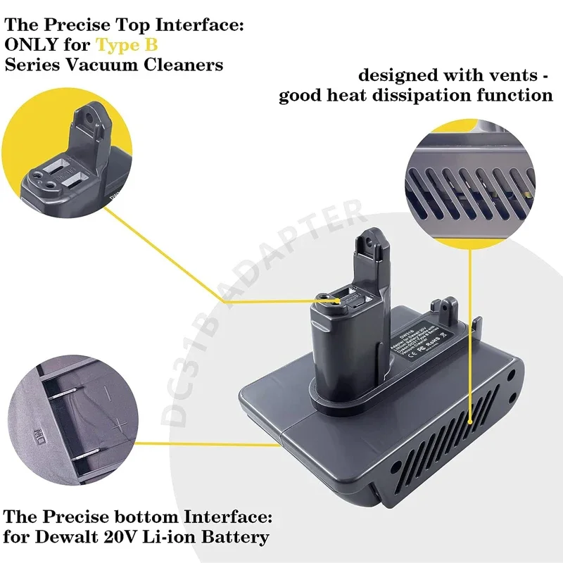 Adapter do baterii litowej DeWalt 20V konwertowany na Dyson typ B DC31 DC34 DC35 DC44 DC45 DC56 DC57 odkurzacz ręczny