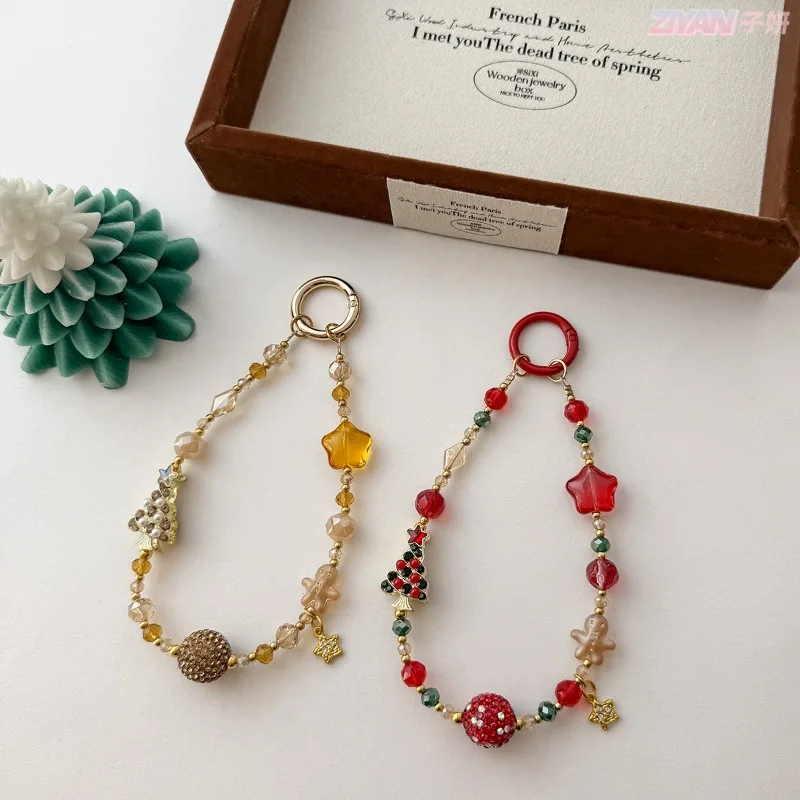 Christmas Crystal Keyring Holder Cartoon Gingerbread Man Tree Design with Full Diamonds Alloy Bag Charm for Phone Keys Gift