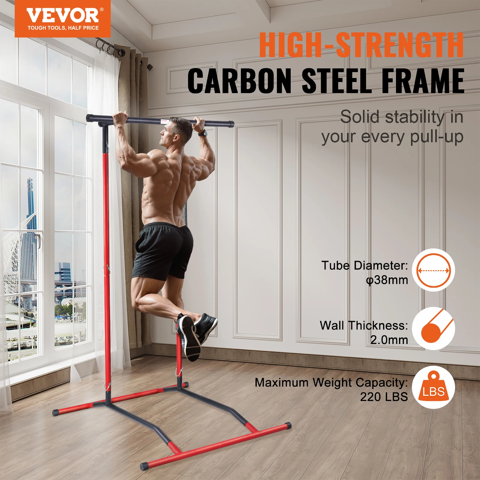 VEVOR Power Tower Dip Station Pull Up Bar Stand Multi-Function Strength Training Workout Equipment Home Gym 220LBS Black and Red