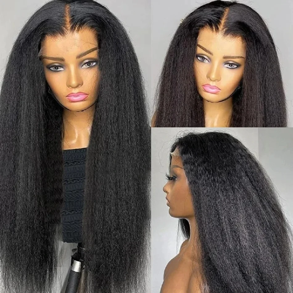 Yaki Black 28Inch Long Kinky Straight 13X3 Lace Front Wig For Women With Baby Hair Synthetic Preplucked Glueless Daily Wear Wig