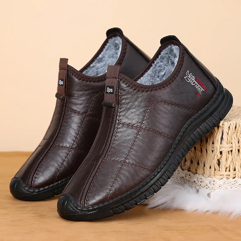 Winter männer Baumwolle Schuhe Warme Plüsch Dicke Schnee Stiefel Casual Leder Oberfläche Wasserdicht männer Stiefel Anti Slip Plus größe 39-48 – Detail 4