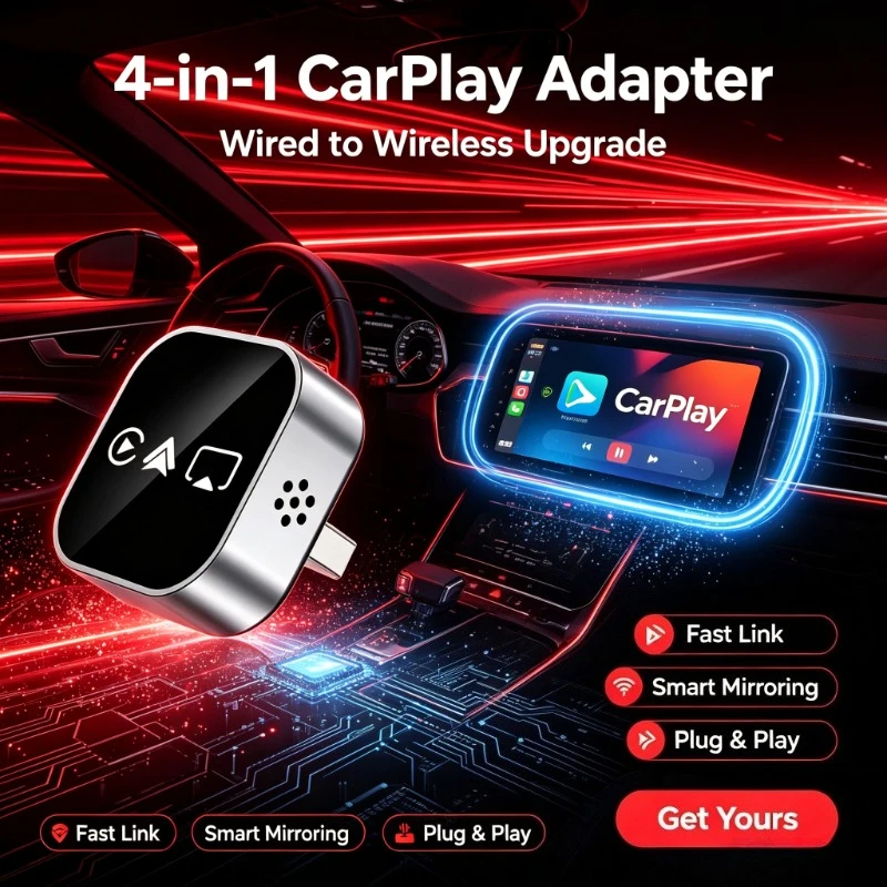 Handsfree Driving Media Accessory, New Upgrade 4-in-1 Adapter, Wireless Bluetooth Screen Mirroring With Convenient Plug-and-Play