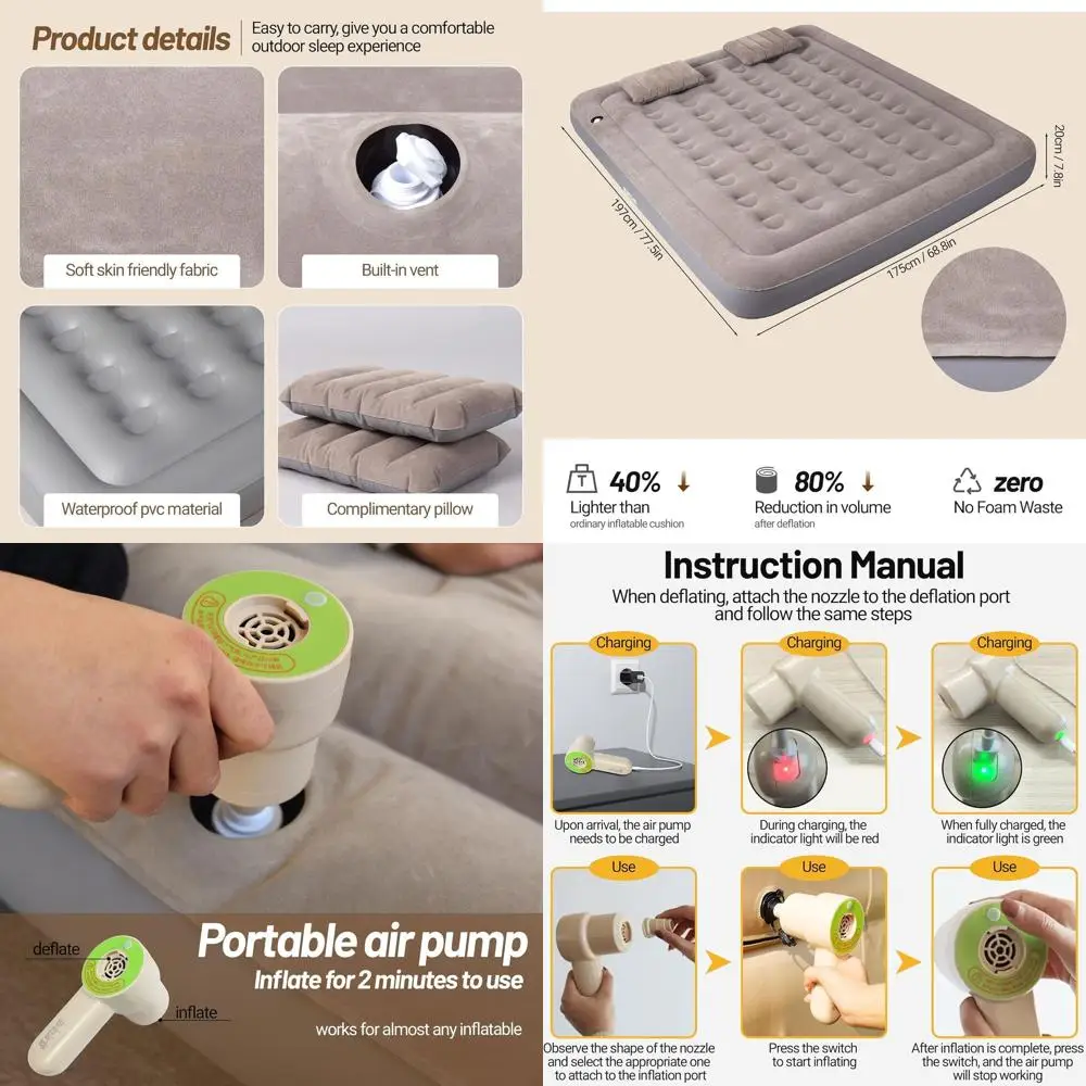 Colchón de aire para acampar con bomba, almohada Queen para tienda de campaña, camas inflables, colchón de aire de capacidad para acampar, viajar, hogar, tamaño Queen