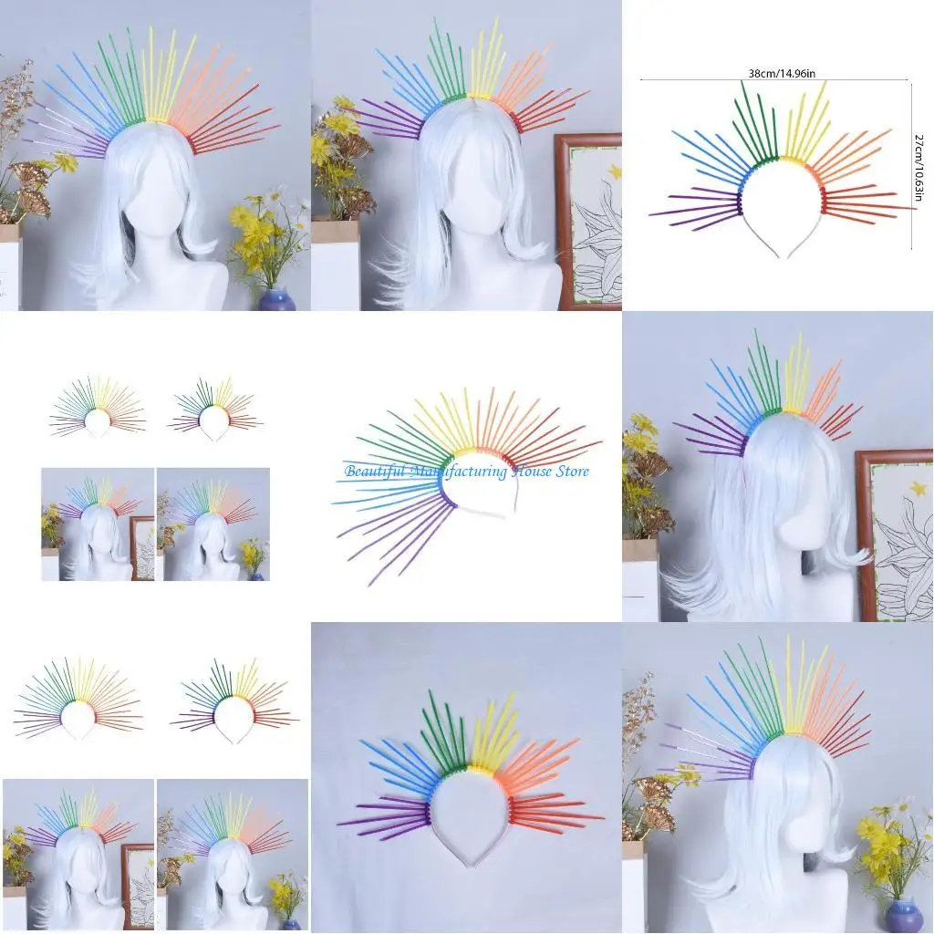 

E56A Rainbow Halos Headband Plastic Costume Headwear Adjustable Size Headdress Stylish Party Accessory for Women