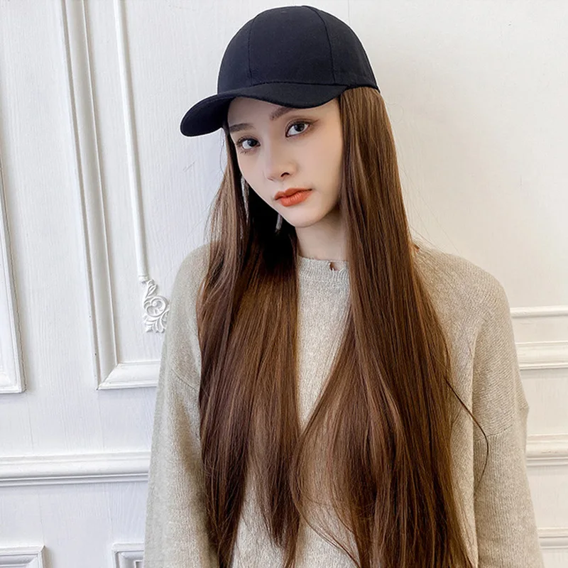 Fashion Hat Hair Extensions Beautiful Ladies Long Straight Wigs Hats Connected Head Cover Synthetic Peaked Cap Wig For Women