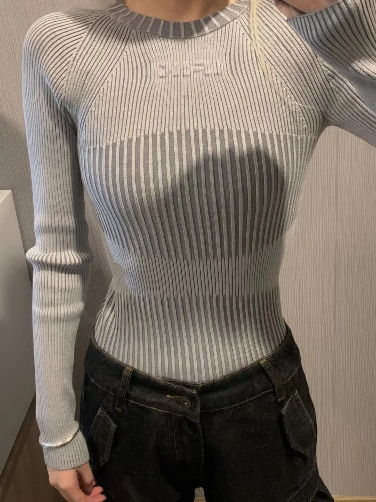 Korobov Crewneck Solid Color Long-sleeved Sweater Slim Y2k Clothes Stripe Design Harajuku Knitwears Korean Fashion Pull Femme