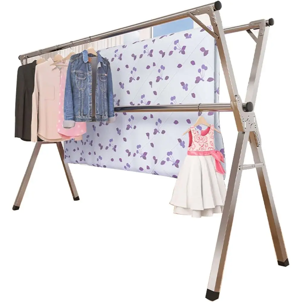 

Collapsible Heavy-Duty Stainless Steel Clothes Drying Rack, Outdoor/Indoor Use, Windproof Hooks, 63 Tall