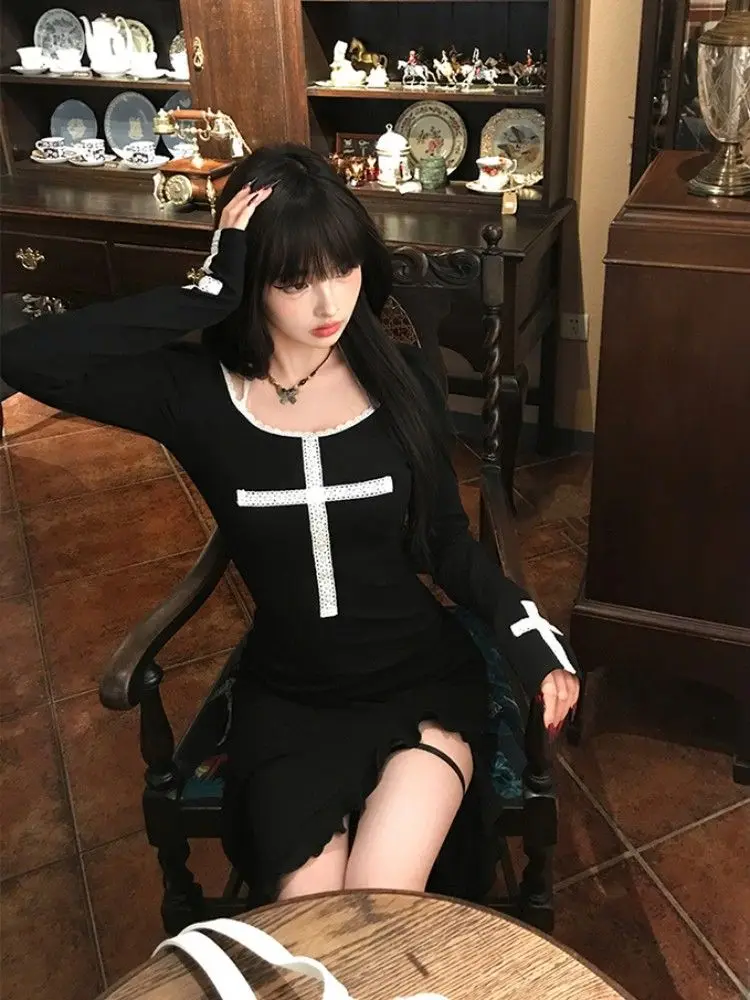 Vintage Gedruckt Lange Kleid Frauen Sexy Spicy Girl Slim Fit Rüschen Split A-linie Kleider Mode Langarm Party Robe