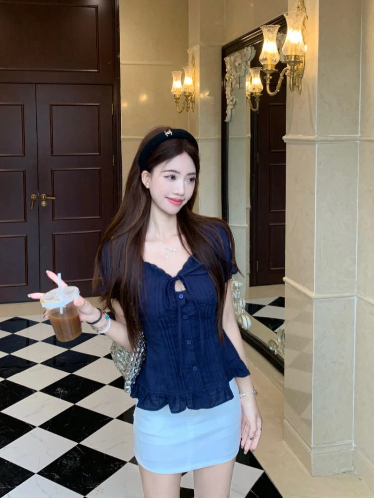 Coreano Sle Knot ort Sve irt Estate da donna di piccole dimensioni Puro desiderio Dimagrante Unico bellissimo top