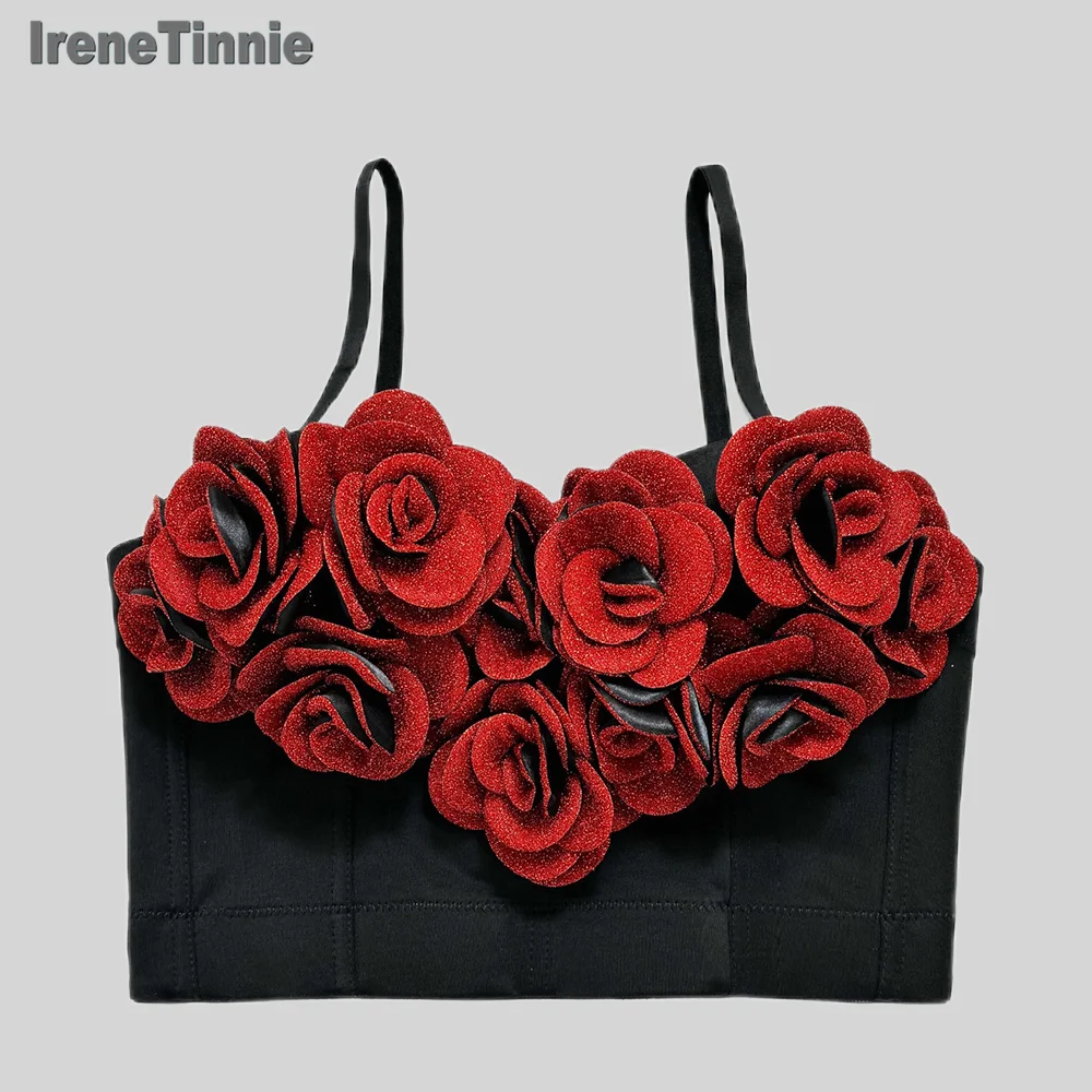 Irene Tinnie Elegant Wine Red 3D Rose Tops Women Sexy Bustier Bra Wedding Party NightClub High Street Corset Cropped Top 2025New